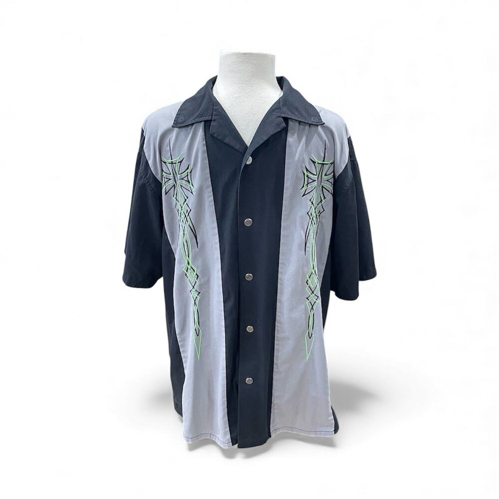 Hard Chrome Gear Men's Size X-Large Gray Black Snap-Button Front -Moto Shirt